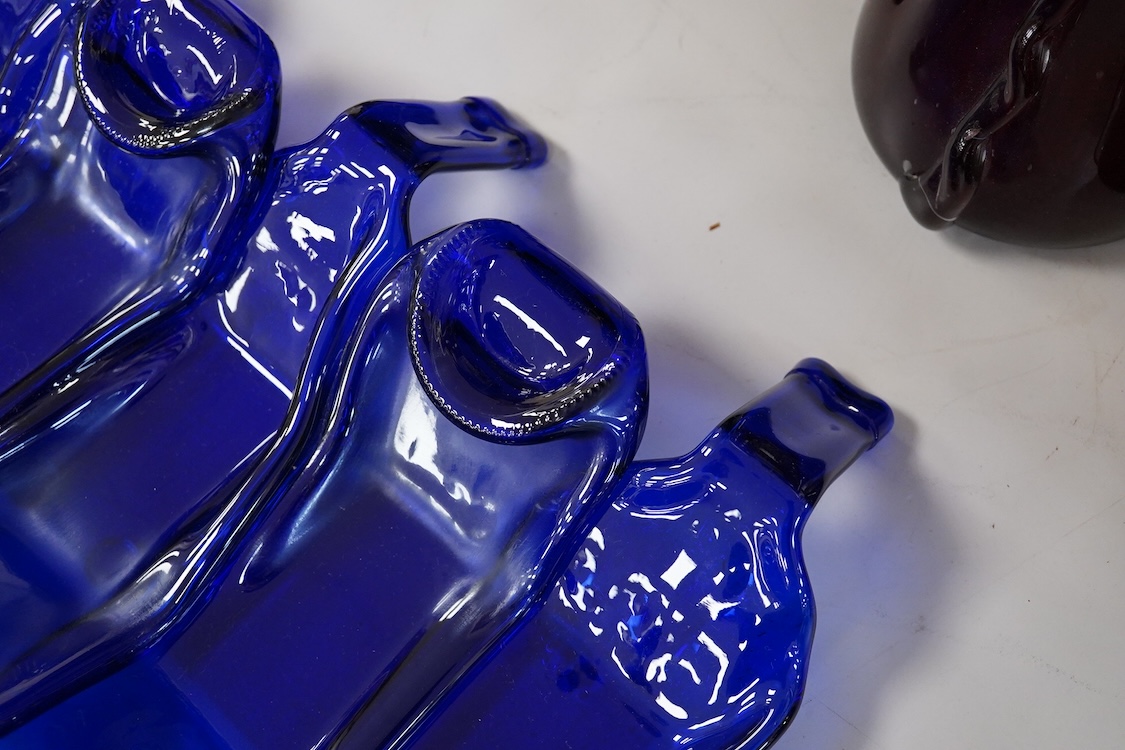 A Mary Canny six sectioned blue bottle art glass tray, 36.5cm deep x 51cm wide